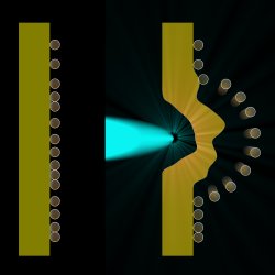 Particle ejection by laser ablation. Microparticles are deposited on a thin metallic foil (left). When a short but energetic laser pulse is focused on one side of the foil, a shock wave propagates supersonically and the particles are ejected at speeds up to 20 000 km/h (right).