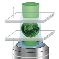 A lasing cell. Certain fluorescent protein producing cells can be made to emit laser light if placed inside an appropriate optical cavity. Malte Gather and Seok Hyun Yun have obtained a green laser by placing a GFP-producing mammalian cell between two highly reflective Bragg mirrors.