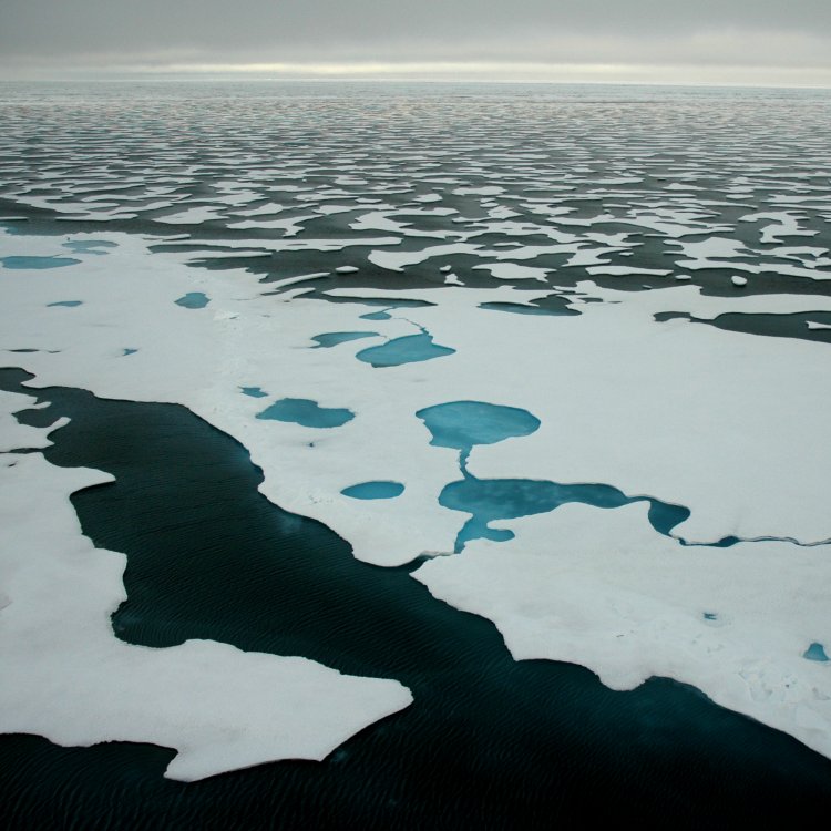 A patchy summer landscape. In summer, off the north coast of Alaska, the Chukchi and Beaufort Seas are a mosaic of open water, bare ice and melt ponds.