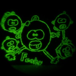 Super glow painting. Five monkeys were drawn using NIR persistent paint that was made by mixing NIR persistent powder into a water-based indoor wall paint. The picture was initially drawn by Grace Pan and traced by Zhengwei Pan. The image was taken using a digital camera with a night vision monocular in a dark room.
