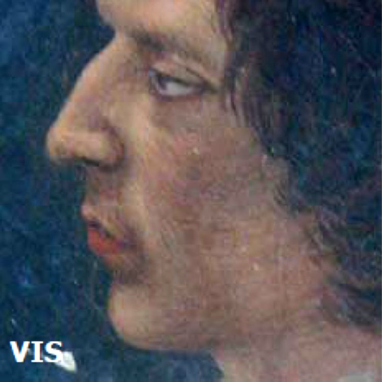 Visible image. A standard picture of a fresco painting shows the features we can see with the unaided naked eye. Detail of a fresco model, copied from Ghirlandaio, taken around 1930 by the restorer Benini.