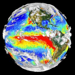 Measured cloud distribution of the earth. From outer space, clouds appear brighter than land and oceans because they reflect more light. Since the clouds are unevenly distributed in an earth-like planet, fluctuations in its brightness are expected.