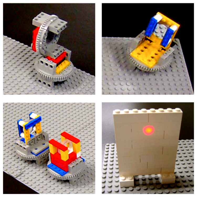 LEGO optical elements. Clockwise: a polarizer; a mirror; a telescope; and a screen. All parts are built using standard LEGO components.