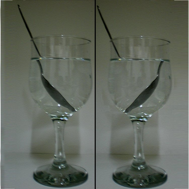 Negative refraction. The picture on the left shows how a spoon in a glass of water appears to break at the air-water interface, and then continues inside the liquid slightly shifted to one side, but still keeping the same orientation as in air — left-to-right in this case. This optical illusion is due to the fact that the refractive index of water is different from the one of air — still positive though, as in any other natural material. On the right, there is a basic illustration of what would happen by filling the glass with a liquid with a negative index of refraction: the orientation of the spoon inside the liquid would appear to be diametrically opposite to the spoon in the air, namely right-to-left instead of left-to-right.