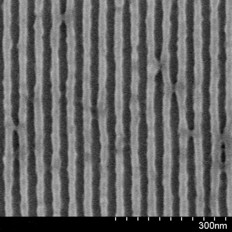 EUVL at work. Scanning electron microscope (SEM) image of a 22-nm half-pitch line-and-space pattern printed using EUVL.