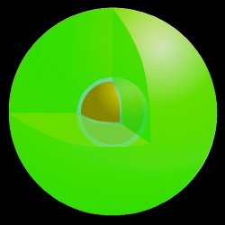 How a spaser looks like. The spaser is formed by a gold core, which is surrounded by a glasslike shell filled with green dye molecule to create a sphere of 44 nanometers in diameter.